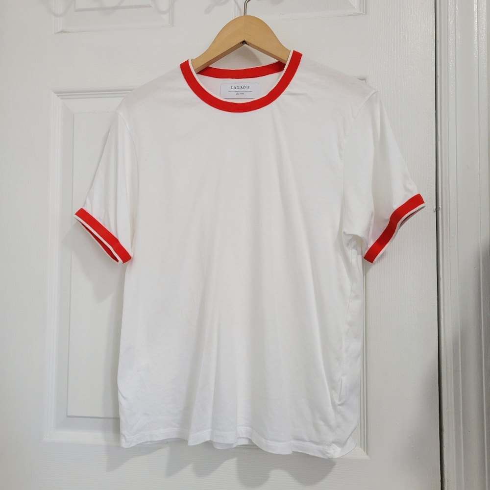 La Ligne White Short Sleeve Ringer Tee with Red Trim
